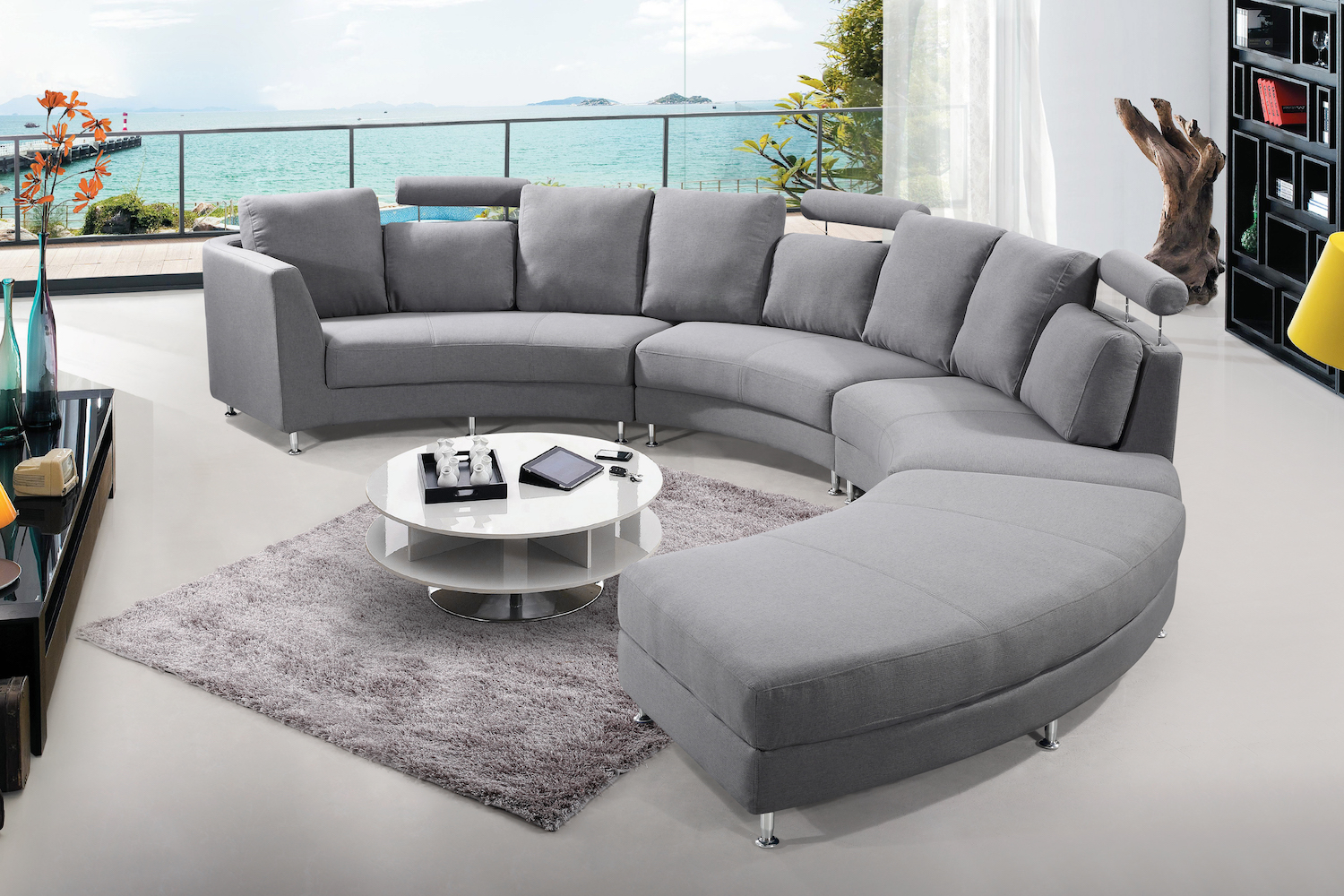 blue leather modern industrial curve round sofa